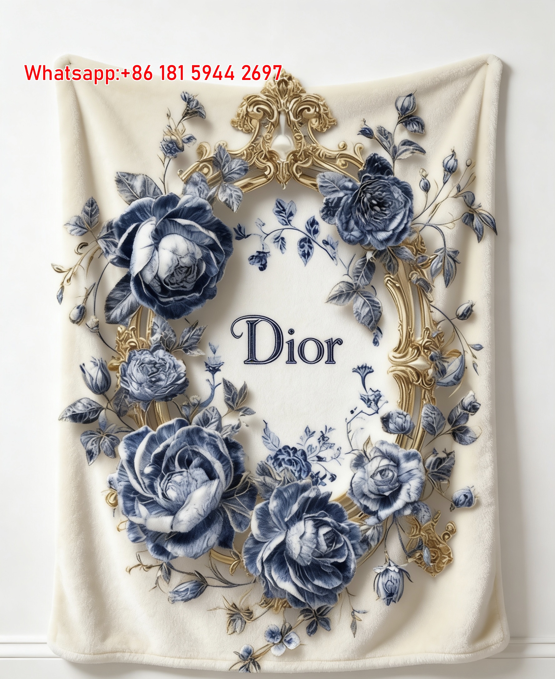 Dior Blue Rose Flannel Sofa Throw Blanket D074